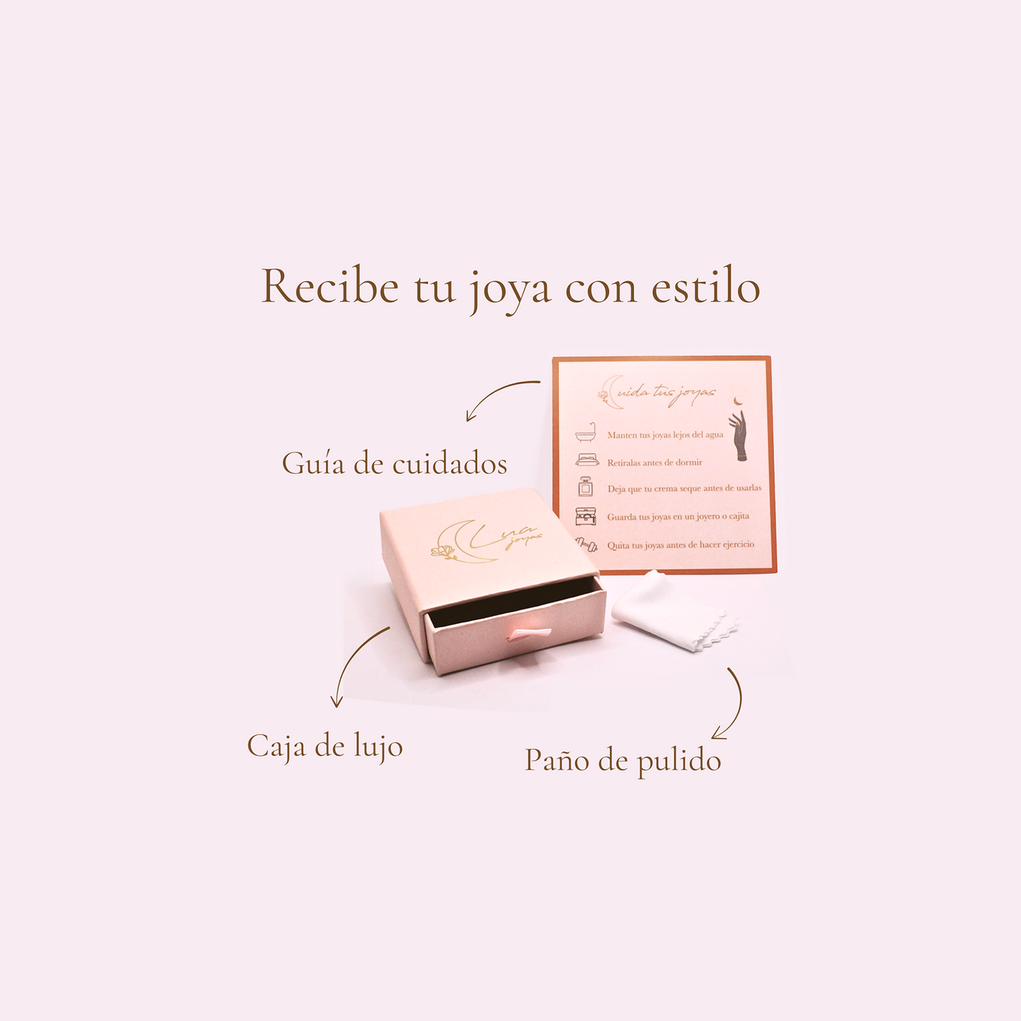 Packaging Lua Joyas: caja de lujo, guía de cuidados y paño de pulido